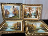 4pc Framed Art Paintings Fall Trees on Rivers