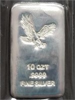 10 Troy Oz .9999 Fine Silver Poured Bar w/Eagle