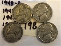 1943S,1943P,1943P,1945P 4 Silver War Nickels