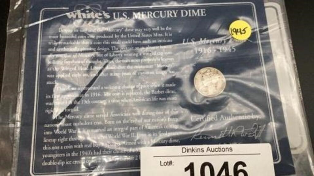 1945 white US mercury dime