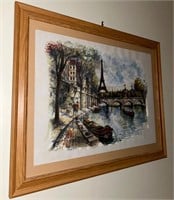 Framed Paris Watercolor Drawing, Pencil Signed