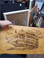 1985 Signed Wood Burning Ship Pic on Board