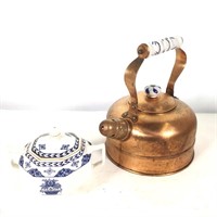 Copper Tea Kettle, Blue Bombay Sugar Bowl