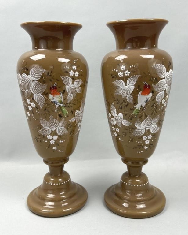 Hand Painted Mid-Century Art Glass Vases.