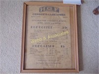 Framed advertising sign from Conboy's Cash Store,