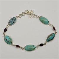 8" 925 SILVER TURQUOISE RED STONE BRACELET