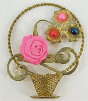 Vintage Flower Basket Gold Tone Brooch Pin