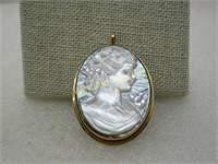 Vintage 14kt Cameo Brooch Pendant, Italy, 1.25" by