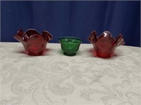 2 Vintage Red Glass Crimped Top Vases