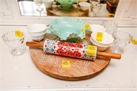 (5) White Fruit Bowls, Rolling Pin, Lazy Susan,