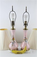 Pair Pink Glass Hand-Painted Lamps On Marble