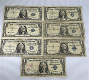 (6) One Dollar Blue Seal Silver Certificates