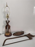 vintage butcher saw, old baseball glove, etc.