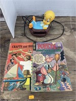 Vintage tweety bird alarm clock, Popeye comics,