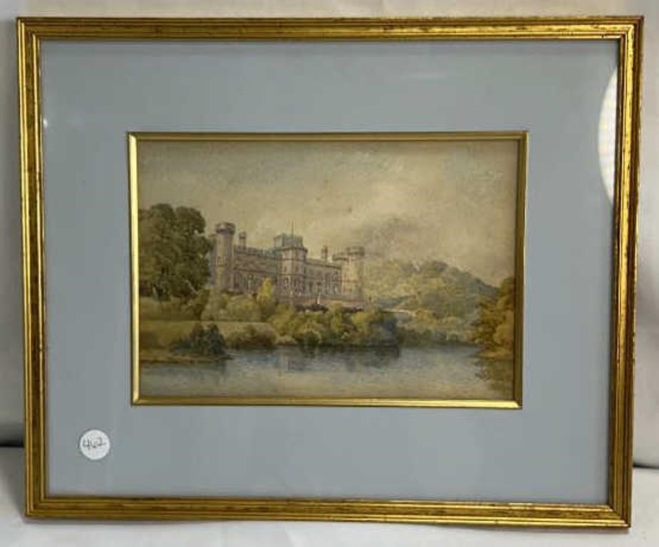 Antique Castle & River Scene Watercolor Painting