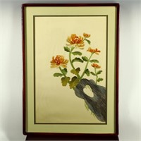 Vintage embroidered Oriental floral art on silk