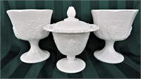 4 pc GRAPE PATTERN MILK GLASS*COVERED DISH* CANDY