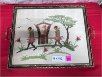 Vtg Framed Needlework on glass top Tray