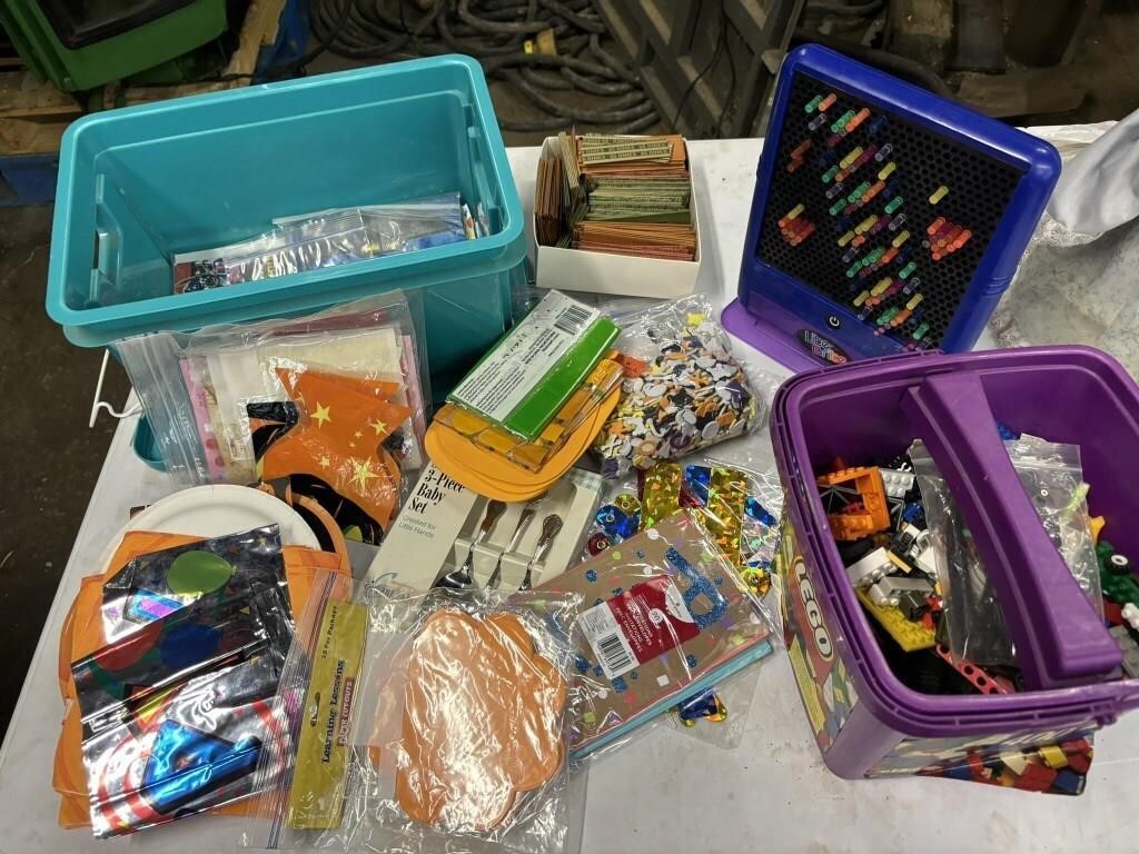 tote, coin rollers, tub of  legos, lite brite ,