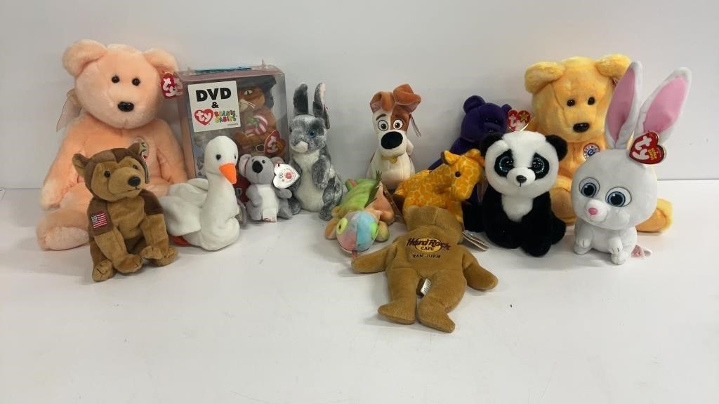 Beanie babies and stuffed animals, (2) from the