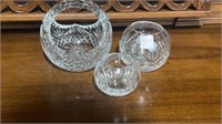 Lead Crystal Basket & Two Rose Bowls