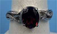 Sterling silver ring with garnet & CZ, size 7.5
