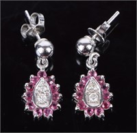 10K WHITE GOLD RUBY DIAMOND LADIES DANGLE EARRINGS