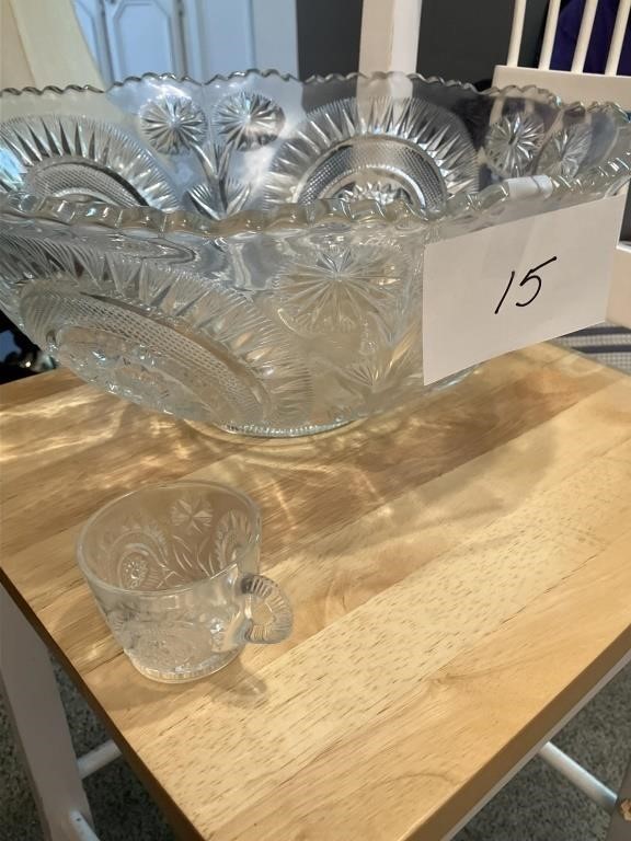 Large pressed glass punch bowl with 17 cups