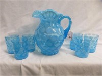 7PC BLUE OPALESCENT COIN DOT DRINK SET 9"T