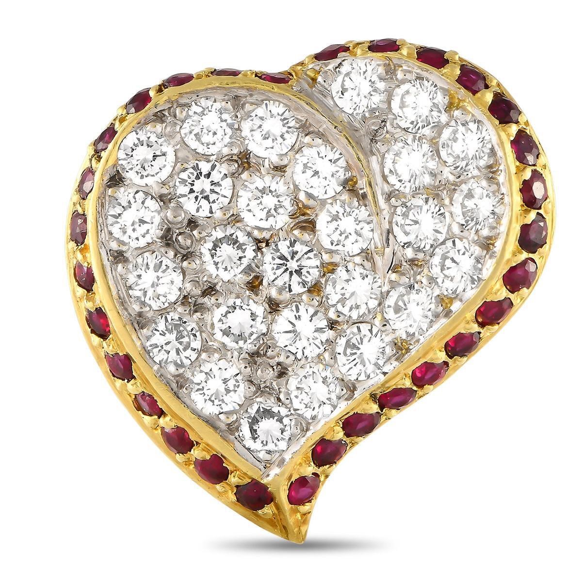18K Yellow Gold 3.0ct Diamond and Ruby Heart Brooc