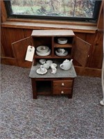 SMALL CHILDS SIZE HOOSIER CABINET W/ ASSTD DISHES