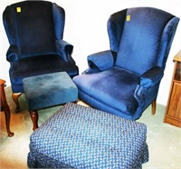 Pr. Upholstered Wing Chairs & Ottomans (4 Pcs.)