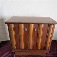 Vintage wood record album cabinet.