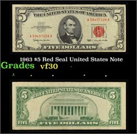 1963 $5 Red Seal United States Note Grades vf++