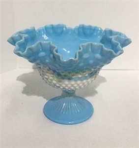 Vintage Fenton blue slag glass hobnail pedestal