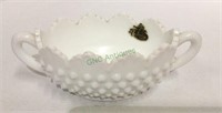 Fenton hobnail two handled dish with original