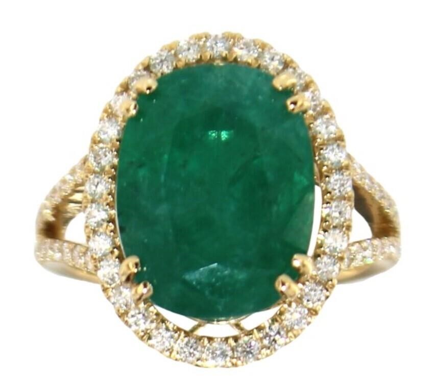 14kt Gold 7.18 ct GIA Oval Emerald & Diamond Ring