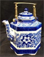 VINTAGE BLUE & WHITE TEAPOT WITH BRASS HANDLE