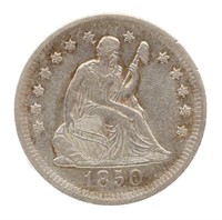 1850-O US SEATED LIBERTY 25C SILVER COIN AU DETAIL