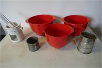 Mixing Bowls, Sifter, Measure Cup, Etc