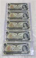 5 banknotes - 1973 Canada One Dollar