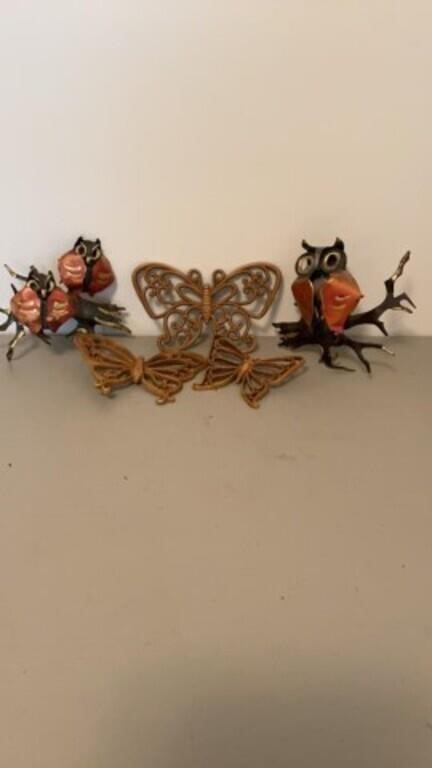 Copper Owls With 3 Homco Butterflies Spring