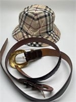 BURBERRY STYLE HAT AND TWO LEATHER BELTS SIZE
