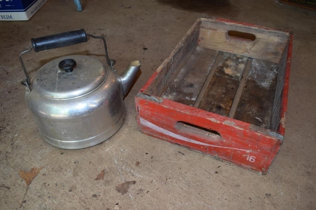 Coke Cola Box & Old Tea Kettle