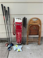 VTG RED LEATHER GOLF, WOODS,PUTTERS, CHAIR, BALLS