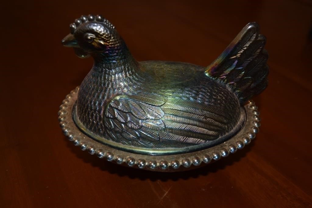 Carnival Glass Hen Candy Dish