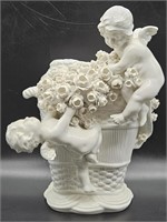 Vintage Bisque Figurine w/ 2 Cupids & Flowers