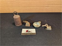 Small cowbells, pewter dish, mailbox lock