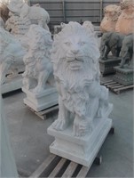 Pair White Marble Lions on Base