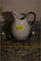 428: Enamelware pitcher and bowl, 12.5inX10.5in